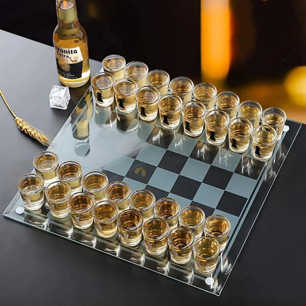 Glass Chess Shot Game, Chess Board with Shot Glass Chess Pieces, Clear Glass and Frosted Glass, Chess Drinking Game